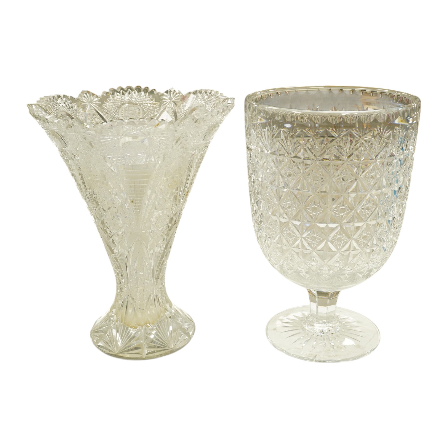 Two late 19th / early 20th century large cut glass vases, largest 37cm high. Condition - fair, some minor chips